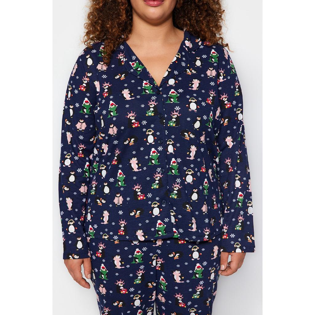 Navy Blue Patterned Knitted Pajama Set Tbbaw24ai00002