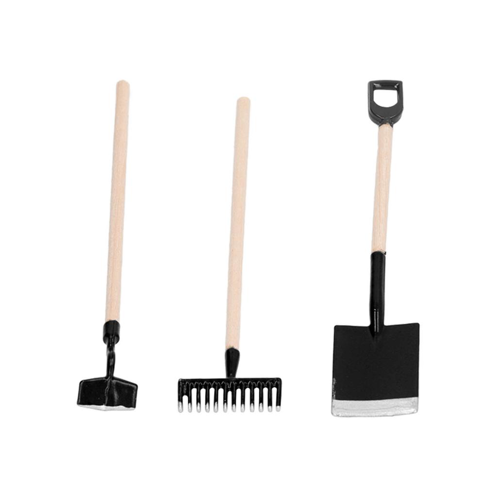 1:12 Scale Miniature Garden Hand Tools Alloy Wooden Dollhouse Rake Zen Shovel Model for Decoration