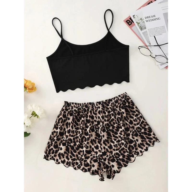 Women's Pajamas Set Sexy Lingerie Leopard Print Sling Sleepwear V-Neck Sleeveless Top and Shorts Sets Pyjamas Homewear