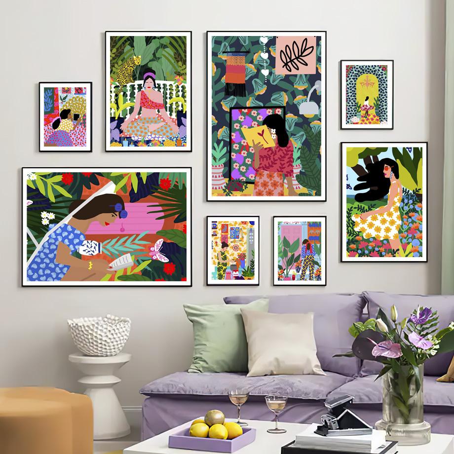 Böhmischen Stil Abstrakte Mädchen Blume Pflanze Nordic Vintage Poster Wand Kunst Drucke Leinwand Malerei Dekor Bilder Für Wohnzimmer