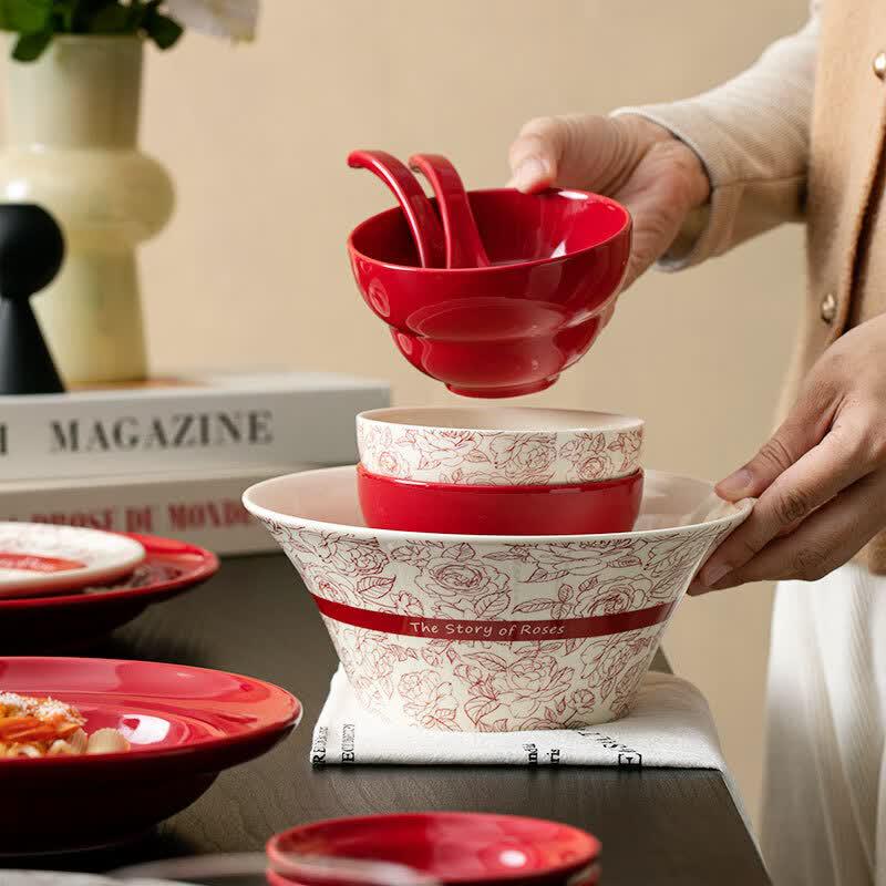 OIMG 8-inch Vintage Red Rose Shallow Plate