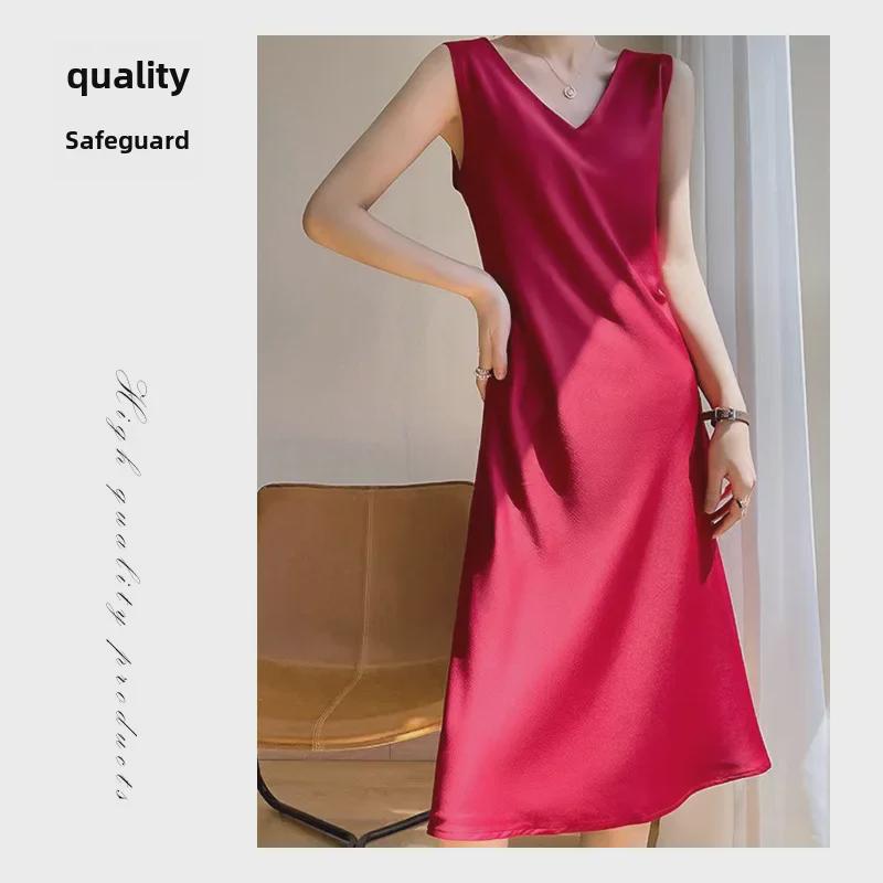 2025 Women's Long Satin Sleeveless Summer Dress - Over the Knee, Solid Color, Large Size