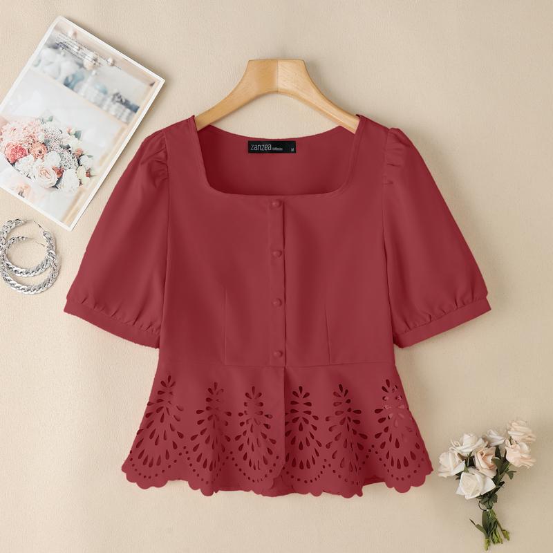

ZANZEA Womens Casual Hollow Design Loose Summer Short Sleeve Blouse 5XL красный