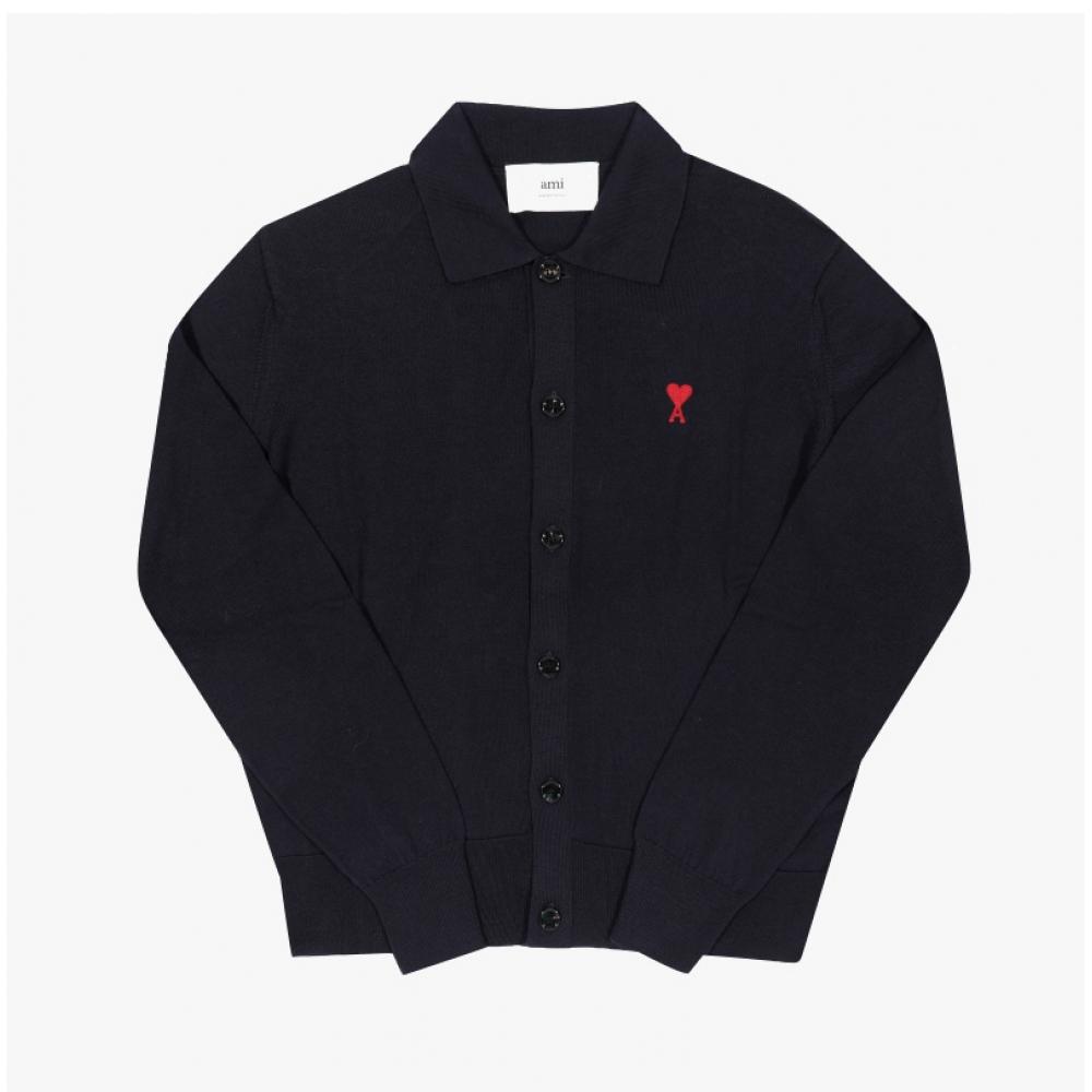 Ami Ami De Quoi Small Heart Logo Polo Men S Cardigan Kn0025