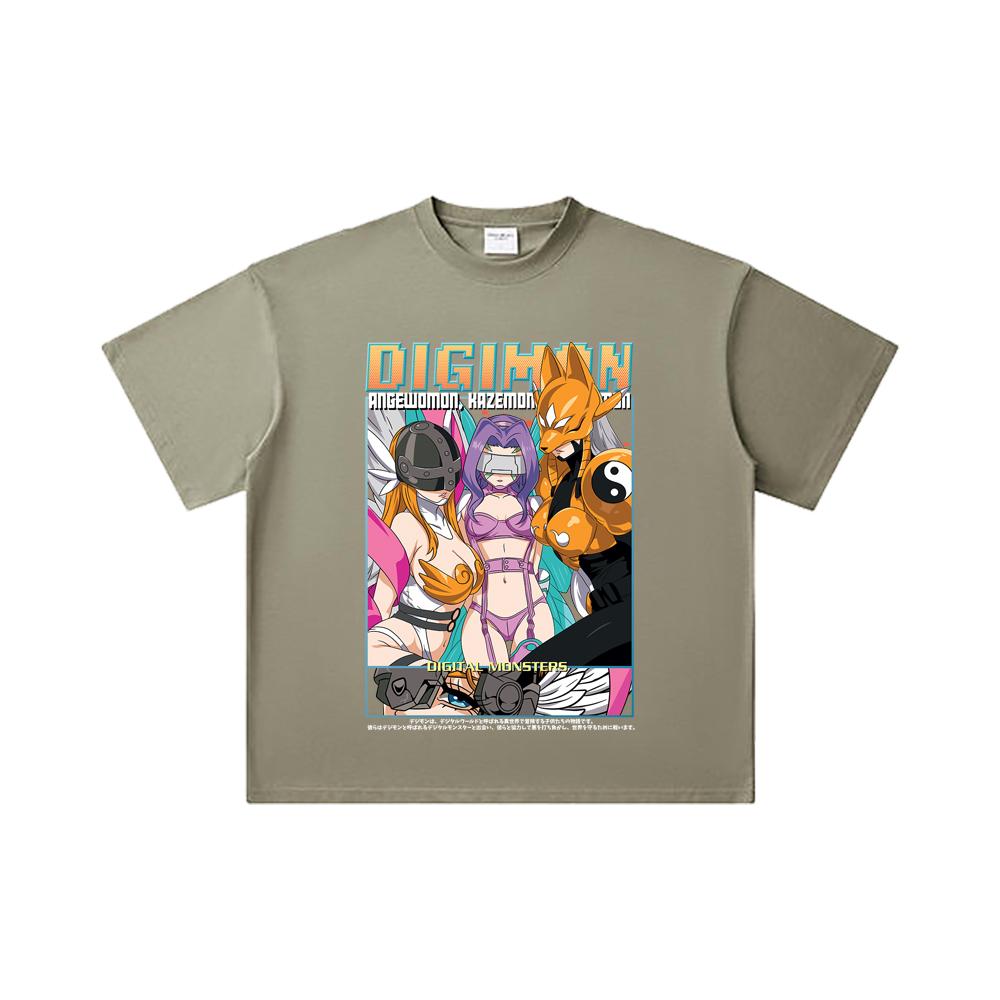 260 GSM Double Yarn 32 Count 100% Cotton Digimon V6 Waifus Print Unisex Heavy Cotton T Shirt