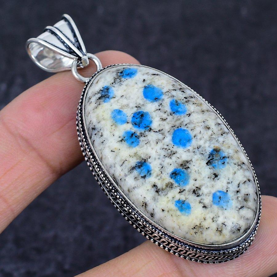 K2 Blue Azurite Gemstone Handmade 925 Sterling Silver Jewelry Pendant 2.56" a1i13