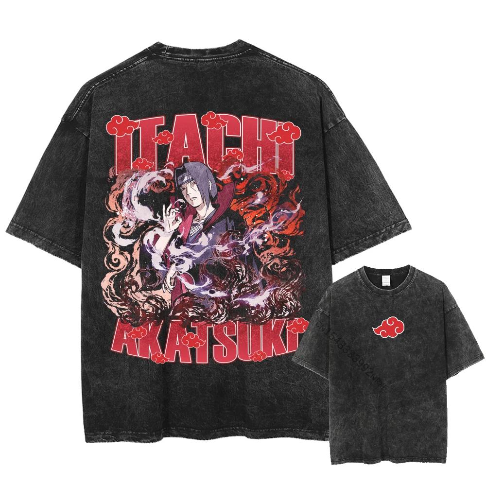 Harajuku Streetwear Washed TShirt Japanese Anime Naruto Tshirt Double Sided Cotton Tees Tops Men Short Sleeve Vintage Tshirt