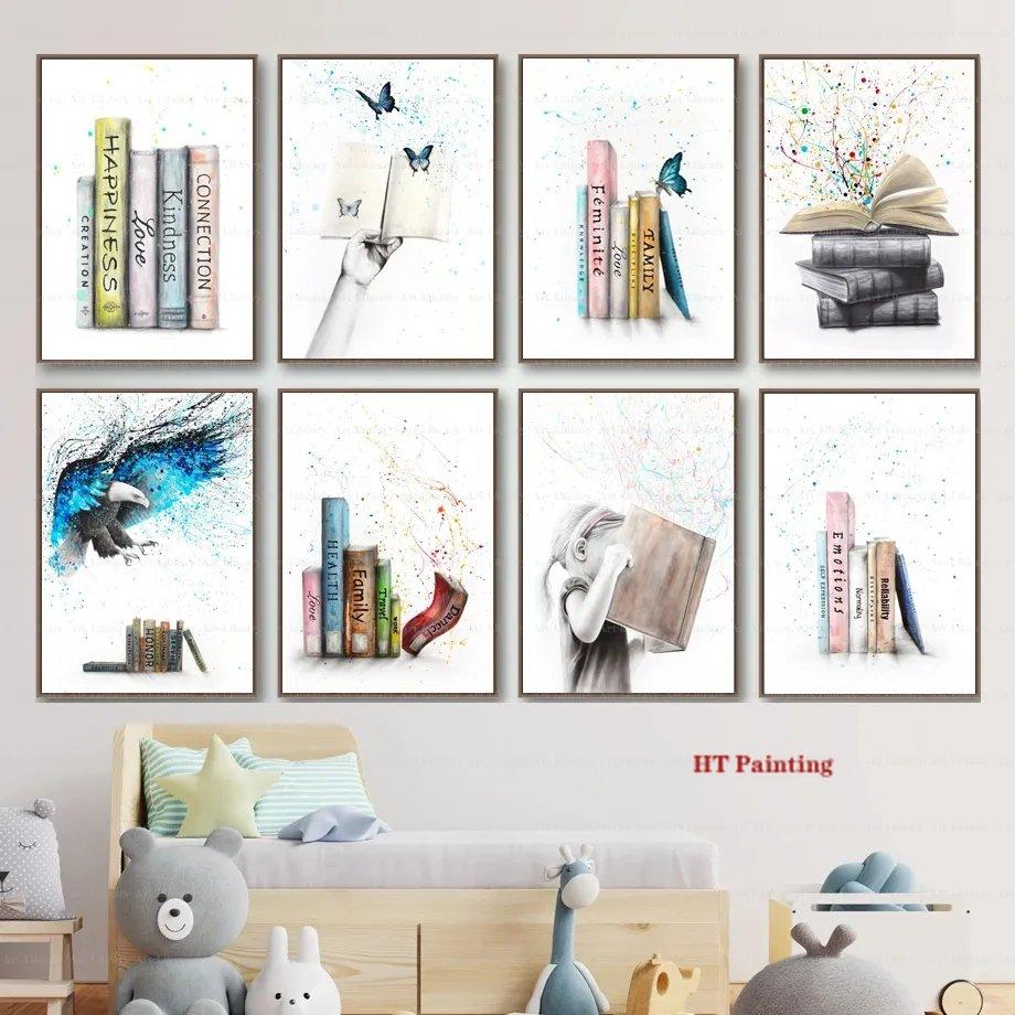 Citind Cărți Poster de Studiu Culoare Splash Desen Animat Pasăre Drăguță Educație Imagini de Perete Pictură pe Pânză Cameră Copii Decor Acasă