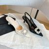 Fashion Baotou Mesh Single Shoes Women'S New Spring Square Buckle Rhinestone Pointed Toe Shallow-Mouthed Elegant Backheel High Heels