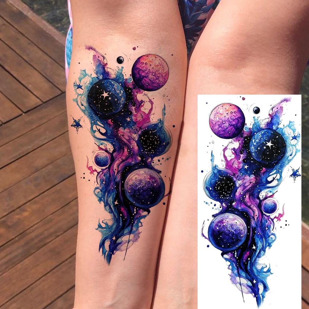 1 Sheet 3D Watercolor Universe Planets Temporary Tattoos For Men Women Long Lasting Waterproof Fake Tattoo Sticker Body Arm Art