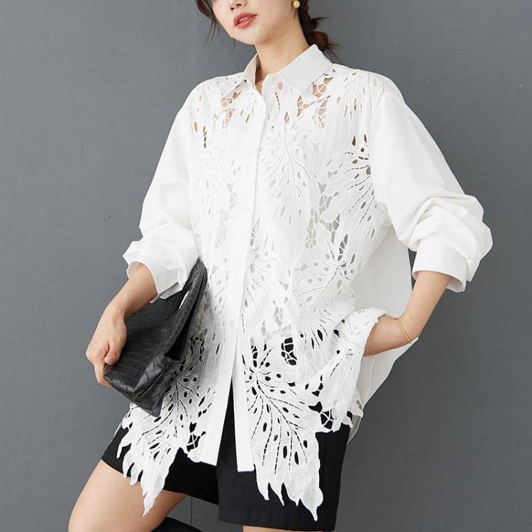 

2025 Новая женская весенняя кружевная блузка с длинным рукавом, сшивная, на пуговицах, модные топы, свободные белые футболки Dimanaf One Size белый