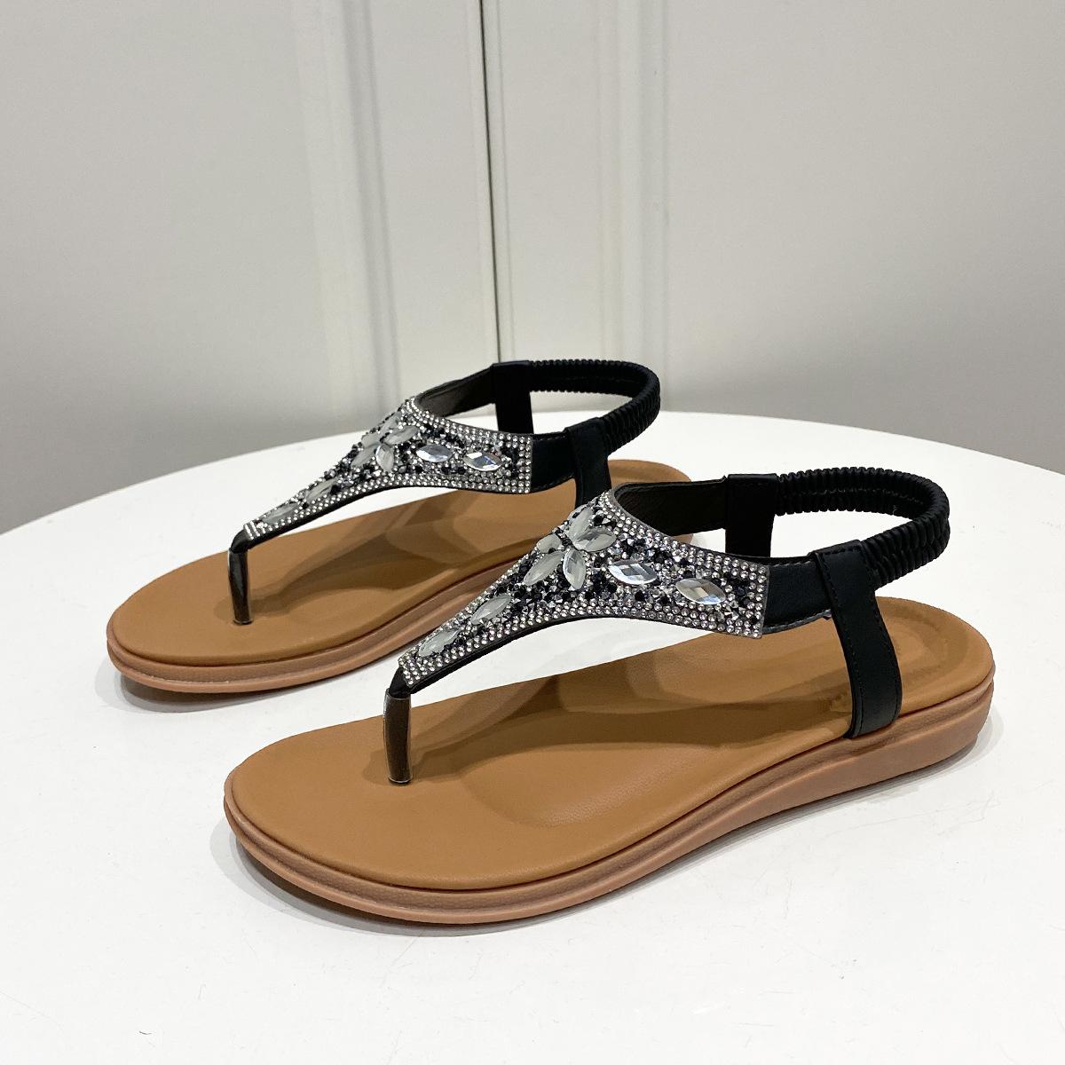 

Модные сандалии в богемном стиле с перемычкой для пальца для женщин, модные разноцветные жемчужные римские сандалии для женщин 2025, новые плоские нескользящие пляжные туфли 42