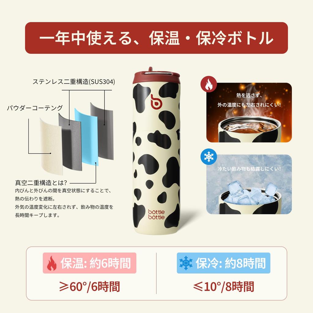 BOTTLE BOTTLE Water Bottle Keeps Drinks Hot or with Direct Vacuum with Sports Cowhide Print 750ml, Insulated, Cold, Straw, Drinking, Insulated,