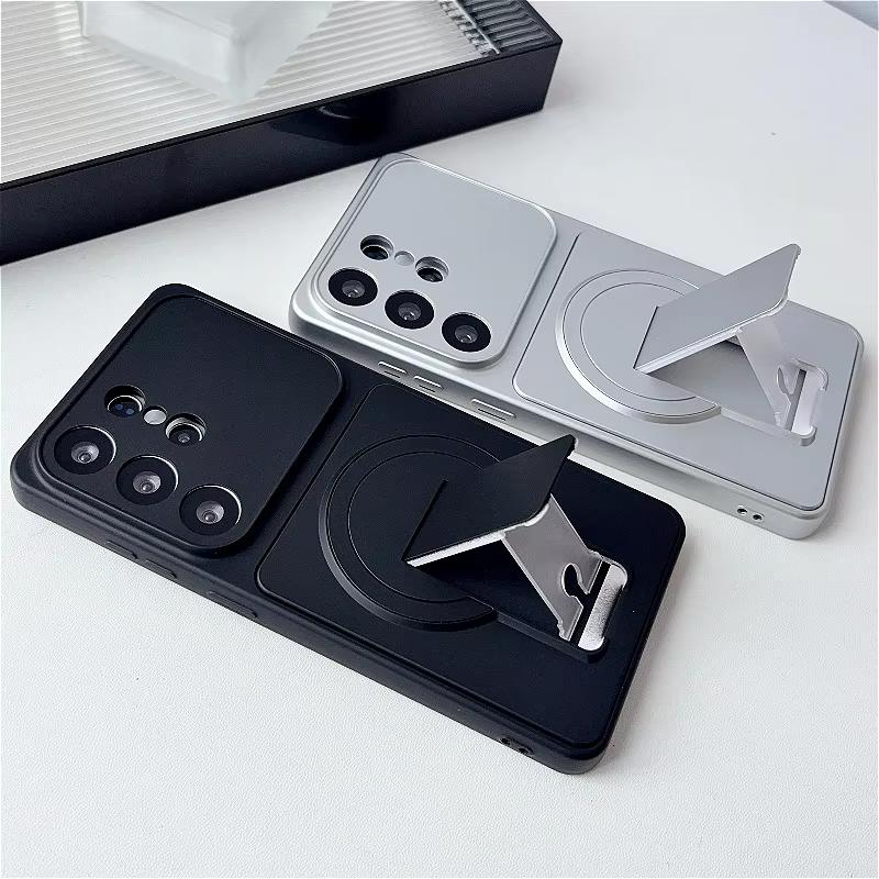 Solid Color Matte Folding Holder Phone Case For Samsung S26 Ultra S25 Plus S24 S23 FE Note 20For Magsafe Wireless Charger Cover