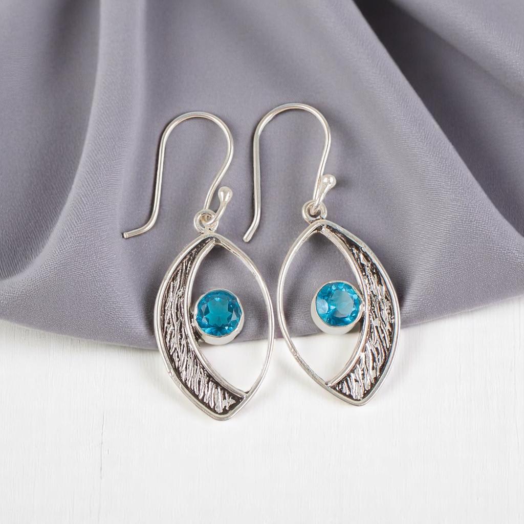 Swiss Blue Topaz Gemstone 925 Sterling Silver Jewelry Handcrafted Earrings 1.60" EE-61-4