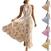 Women's Neck Floral Print Maxi Dress Vacation Style Flowy A-Line Sleeveless Chiffon Summer Dress for Beach Holiday