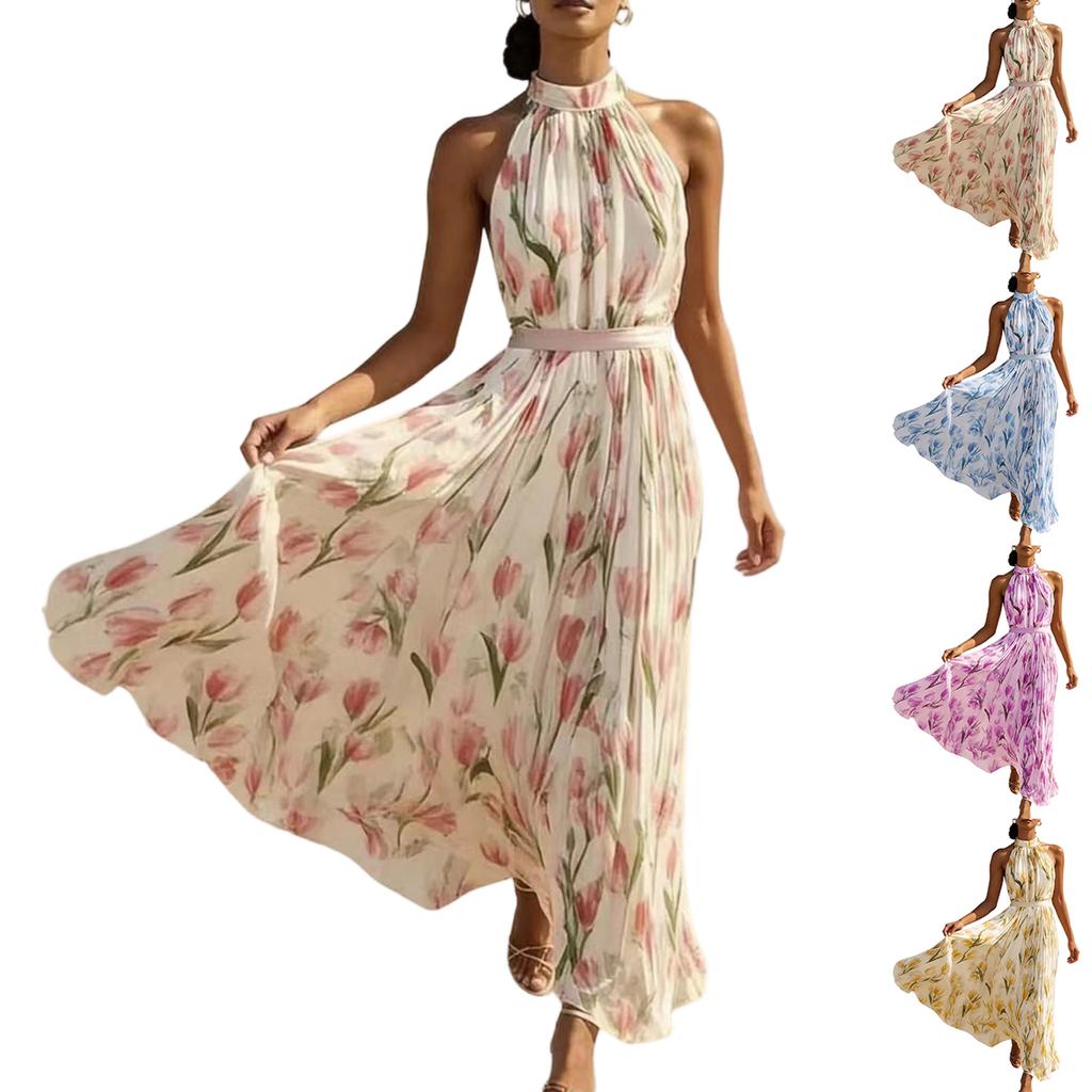 Women's Halter Neck Maxi Dress with Floral Print Sleeveless Vacation Dress Flowy Bohemian Style Summer Dress for Outdoor Events
