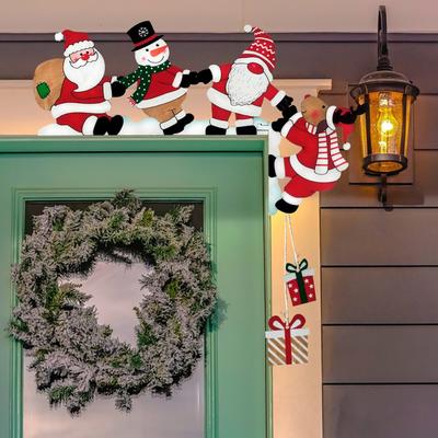 Wood Christmas Door Corner Decor, Santa Claus Snowman Elk Wooden Christmas Decorations, 2025 Xmas Party Door Frame Sign Pendant