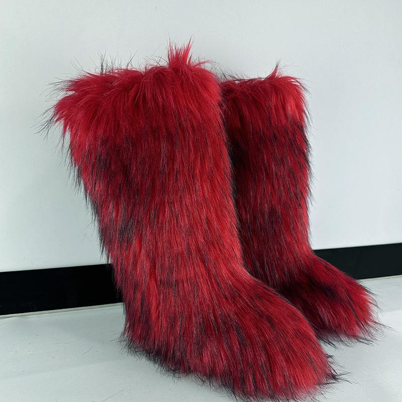 Huňaté kozačky Dlouhé vysoké zimní imitace liščí kožešiny huňaté sněhule Pánské a dámské zimní velké velikosti kožešinové nadkolenky