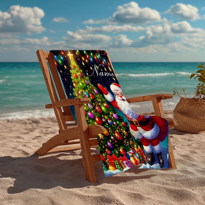 Custom Name Ultra-Soft Beach Towel with Christmas Santa Claus Theme,Ideal for Pool - Camping, Diving - Perfect Travel Essential, Vibrant Beach Towel.