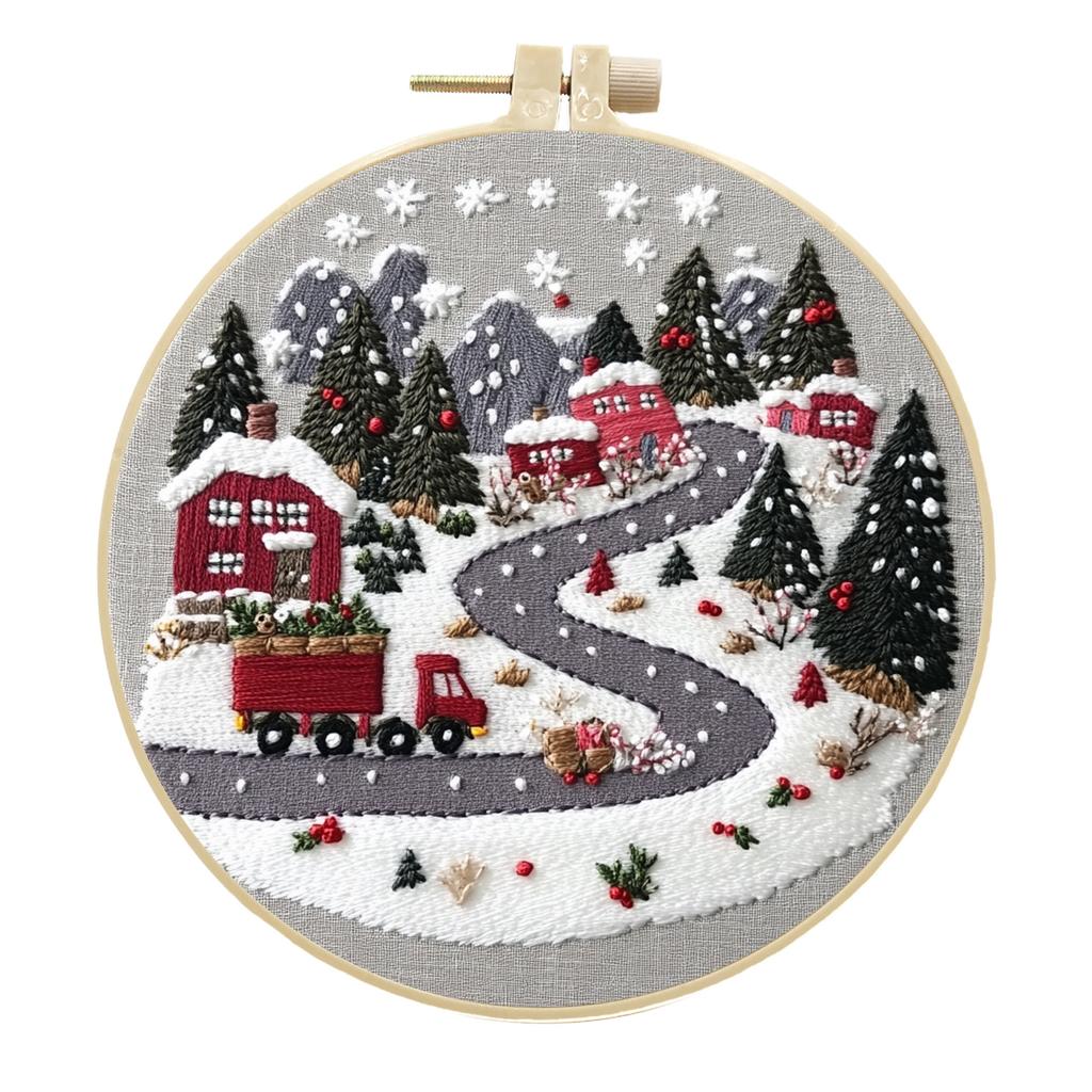 1 set Snowy Path and Snowman DIY Embroidery Material Kit, suitable for beginners, includes tools and stitch tutorial. Embroidery Fabric Material Kit