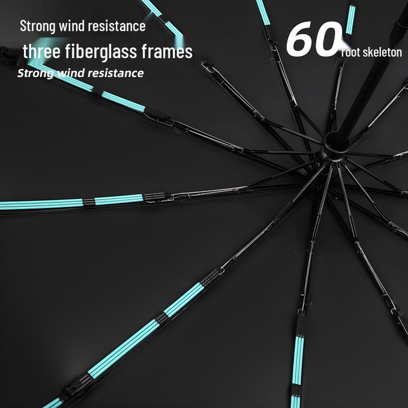 60-Bone Double-Rib Automatic Folding Umbrella: Black Sunshade & Rain Protection, Dual-Use for UV Sunscreen or Business Advertising.