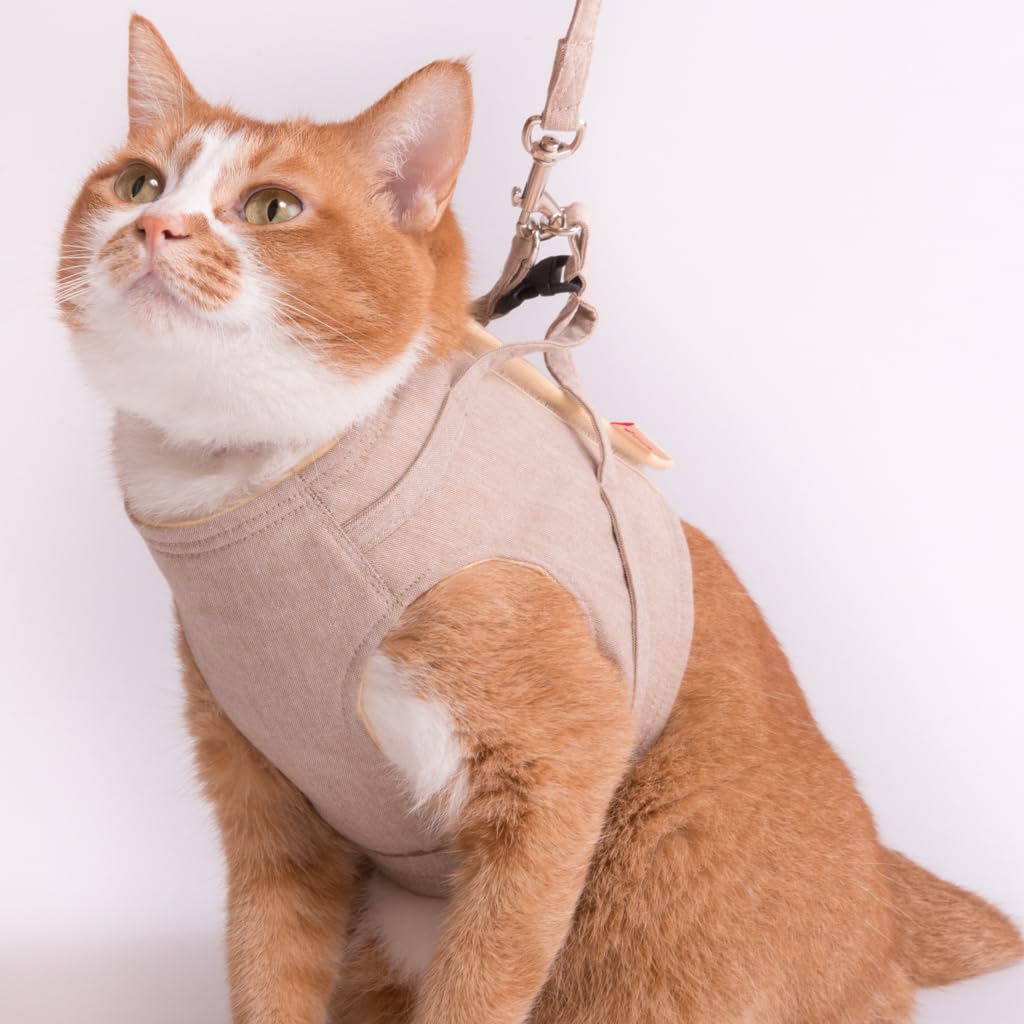 

Шлейка Poponeko с поводком, органическая, легко надевается и трудно снимается, жилет в стиле, удобный для кошек (Сделано в Японии, хлопок, выкл) (M, кремовый) кремовый