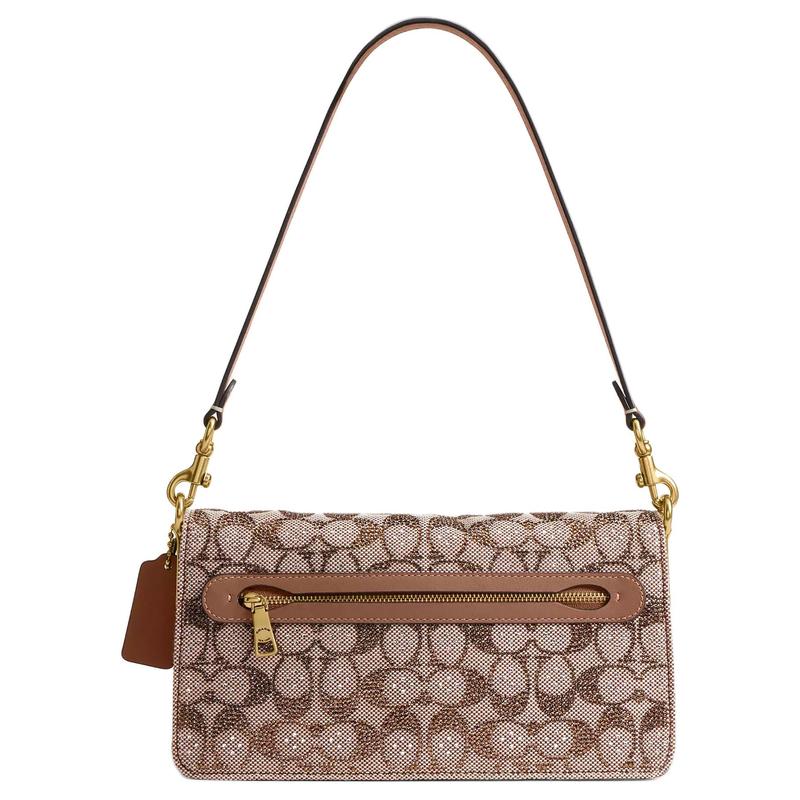 Coach Tabby 26 Crystal Logo Jacquard Classic Design Natural Grain Nappa Leather Shoulder Bag Medium Women Mushroom