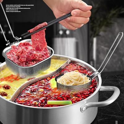 Cedník na hot pot z nerezové oceli s háčkem na vaření nudlí, maso, filtrační síto, smažicí síťka, závěsný typ