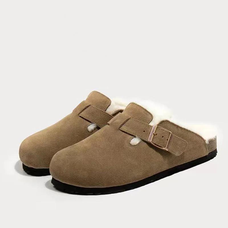 Fashion Women's Slippers 2025 Autumn Winter Leather Round Toe Slippers Couple Slippers Outdoor Casual Keep Warm Women Suede Slides Mujer