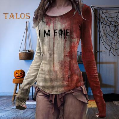 Halloween T-Shirt für Damen, Rundhalsausschnitt, Langarm, Horror-Shirt, Blut-Print, Sweatshirt, Halloween, leichtes Slim Fit, Sport-Tops