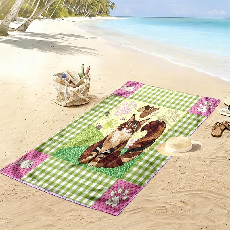 Cat Patchwork Art Print Beach Towel, Large Soft Quick Dry Towel for Beach Camping Swimming
