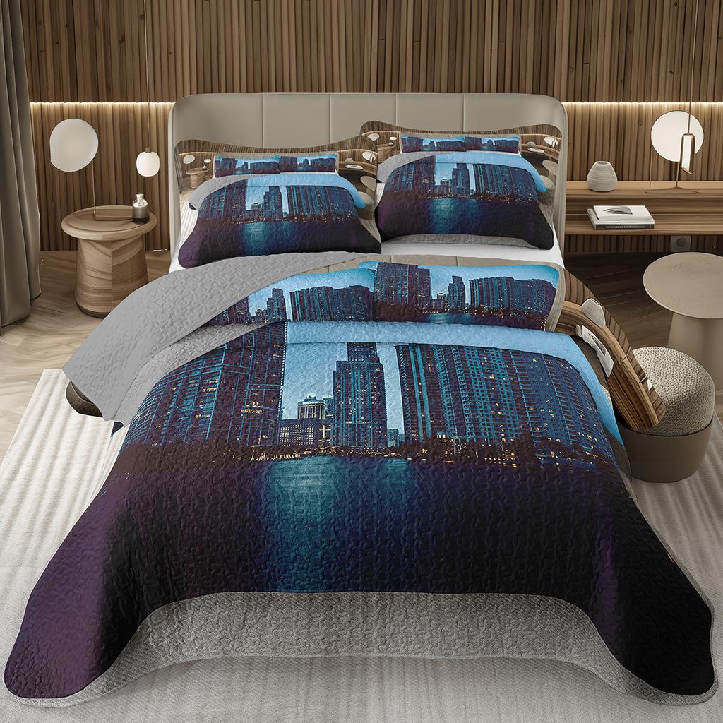 City Landscape Quilted Bedspread Set Cityscape Artwork Queen Bedding Set Colorful River Business District Coverlet For Girls Man