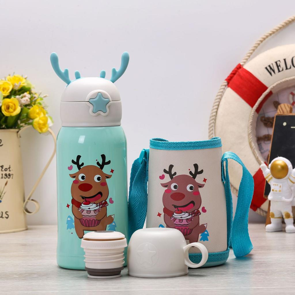 Double Drinking Children's Thermos with Straw 316 Stainless Steel Cartoon Portable Bouncing Lid Doll Student Kettle Water Cup