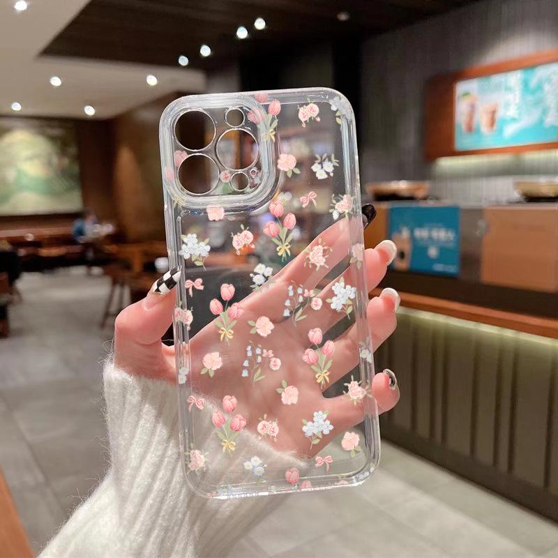 Full of pink and white small floral iPhone16/15/14 transparent mobile phone case, gentle wind and anti-drop Apple 17 protective case.