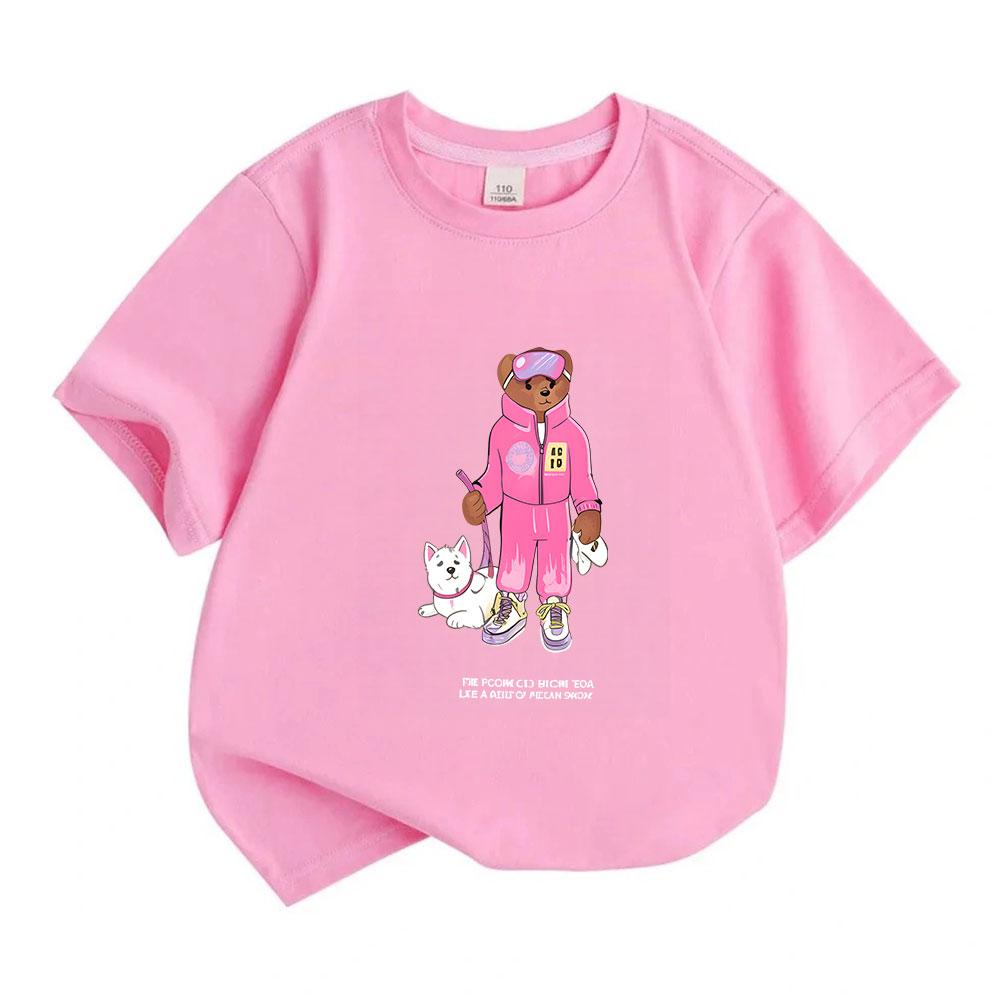 Kids Boys Girls Crew Neck Short Sleeve 100% Cotton T-Shirt, Cute Cool Bear In Pink Tracksuit Walking White Dog Graphic Casual Soft Comfortable Tees Fo