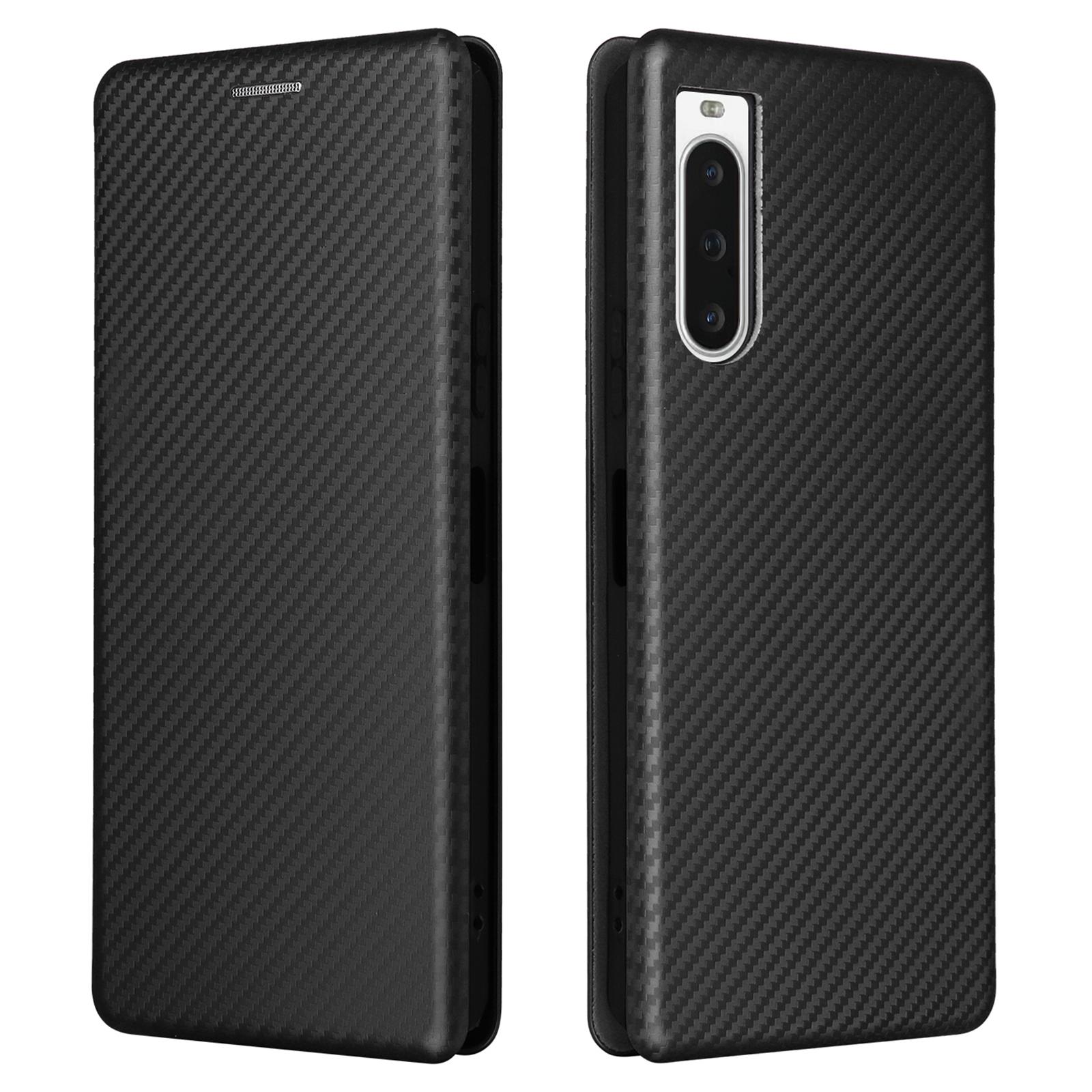 

For Sony Xperia 10 V Leather Phone Cover Carbon Fiber Texture Stand Phone Case with Card Holder Black