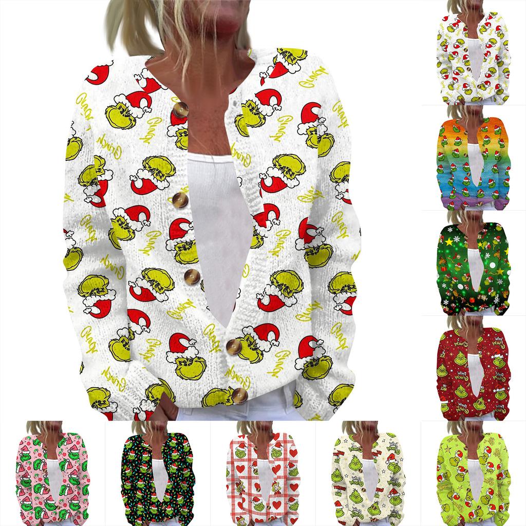 Women's Stylish Casual Long Sleeve Knit Cardigan with Button Front and Graphic Print