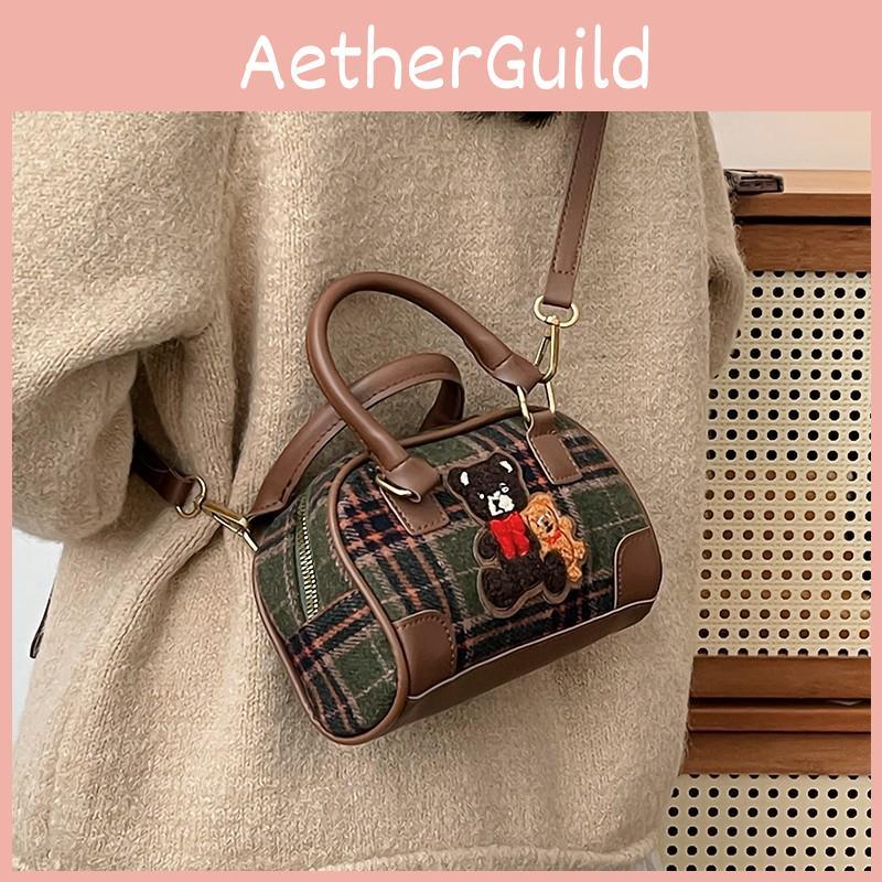 Artistic Retro Small Bear Embroidery Check Pattern Handbag For Outings Casual