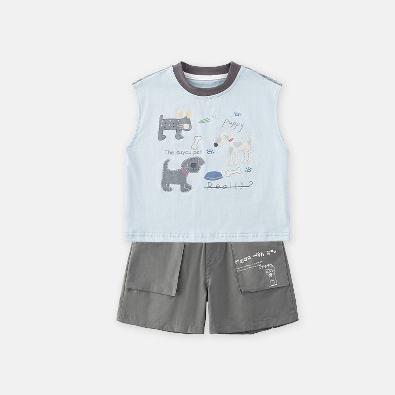 Boys  Vest Set Summer Children s Sleeveless Top Vest Baby Boy Large Pocket Shorts Five-Point Pants Blue Vest + Gray Shorts 80