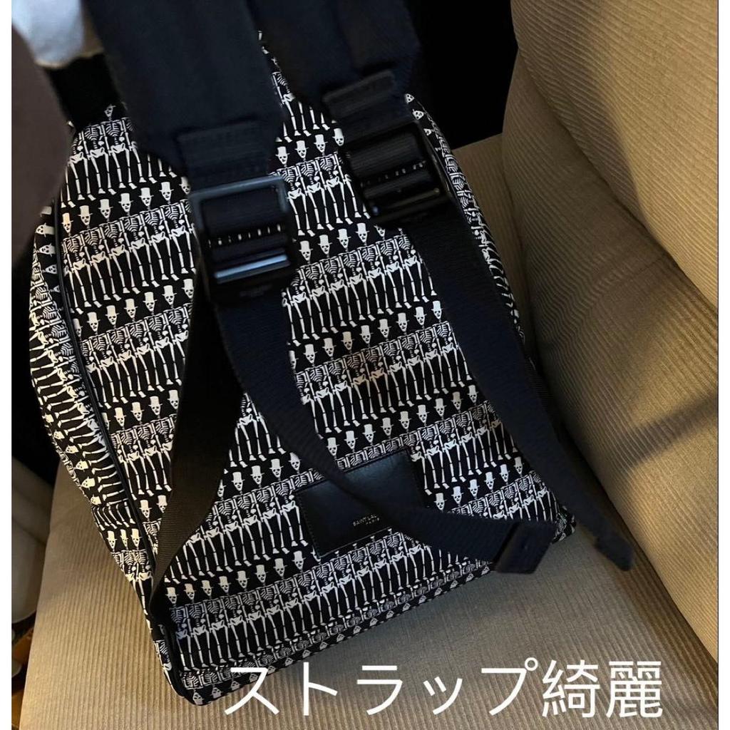 Used Authentic SAINT LAURENT Skull Pattern Skull Rucksack Bag Canvas Black x White