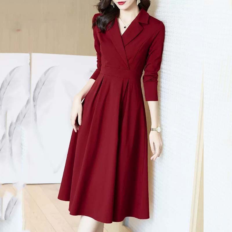 Podzimní Zimní Oblekové Šaty Ženy Klopový Jednobarevný Zip Korzet Vintage Temperament Módní Dlouhý Rukáv Středně dlouhé A-Line Šaty