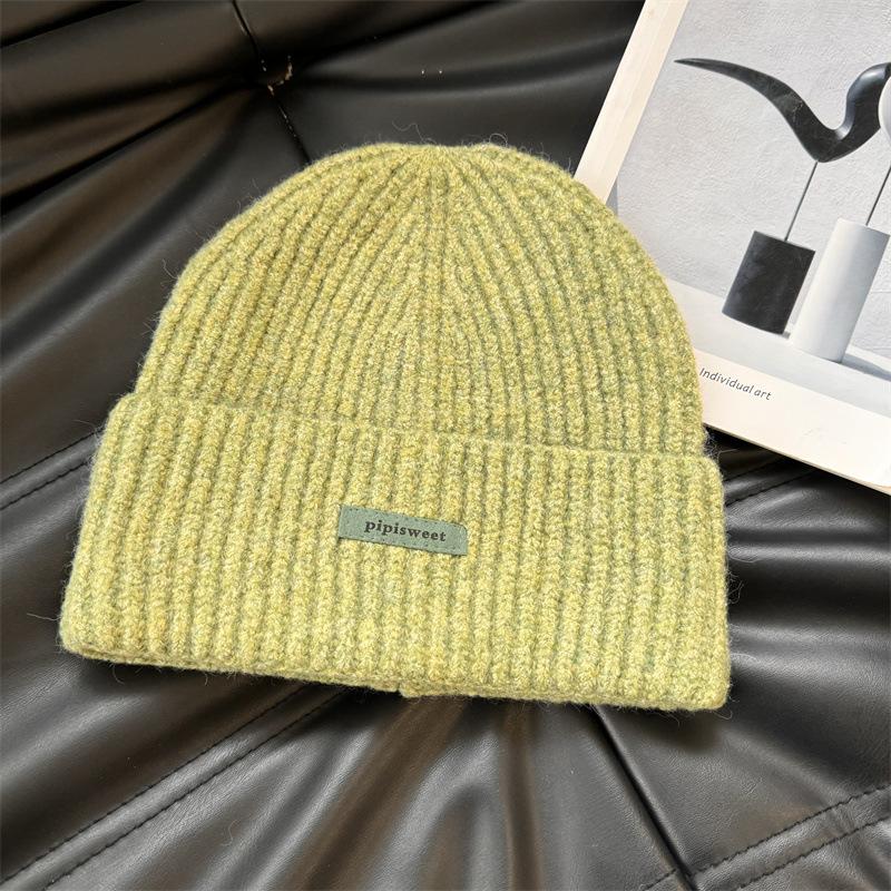 Knitted hat women's ins tide with letters small leather label warm pullover hat autumn and winter thin street ear protection cold hat