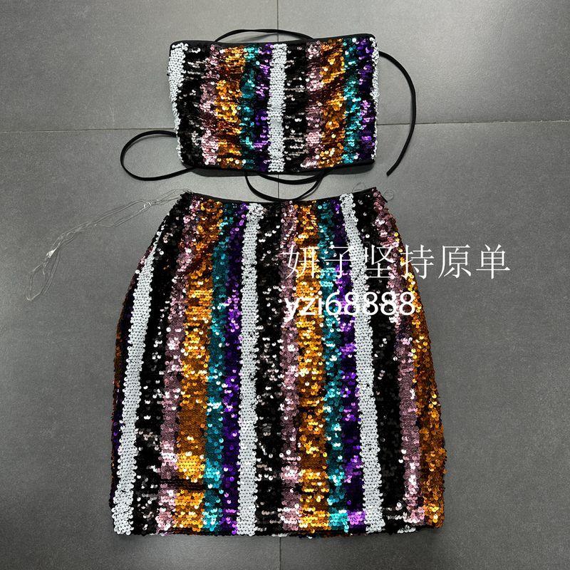 

Лос-Анджелес Популярный FN Текстурный Цвет Блестки Высокая Талия Открытая Спина Топ-Труба Бандаж Сексуальный Костюм Вечеринка Коктейльная Вечеринка Женский Color Sequin Suit XS