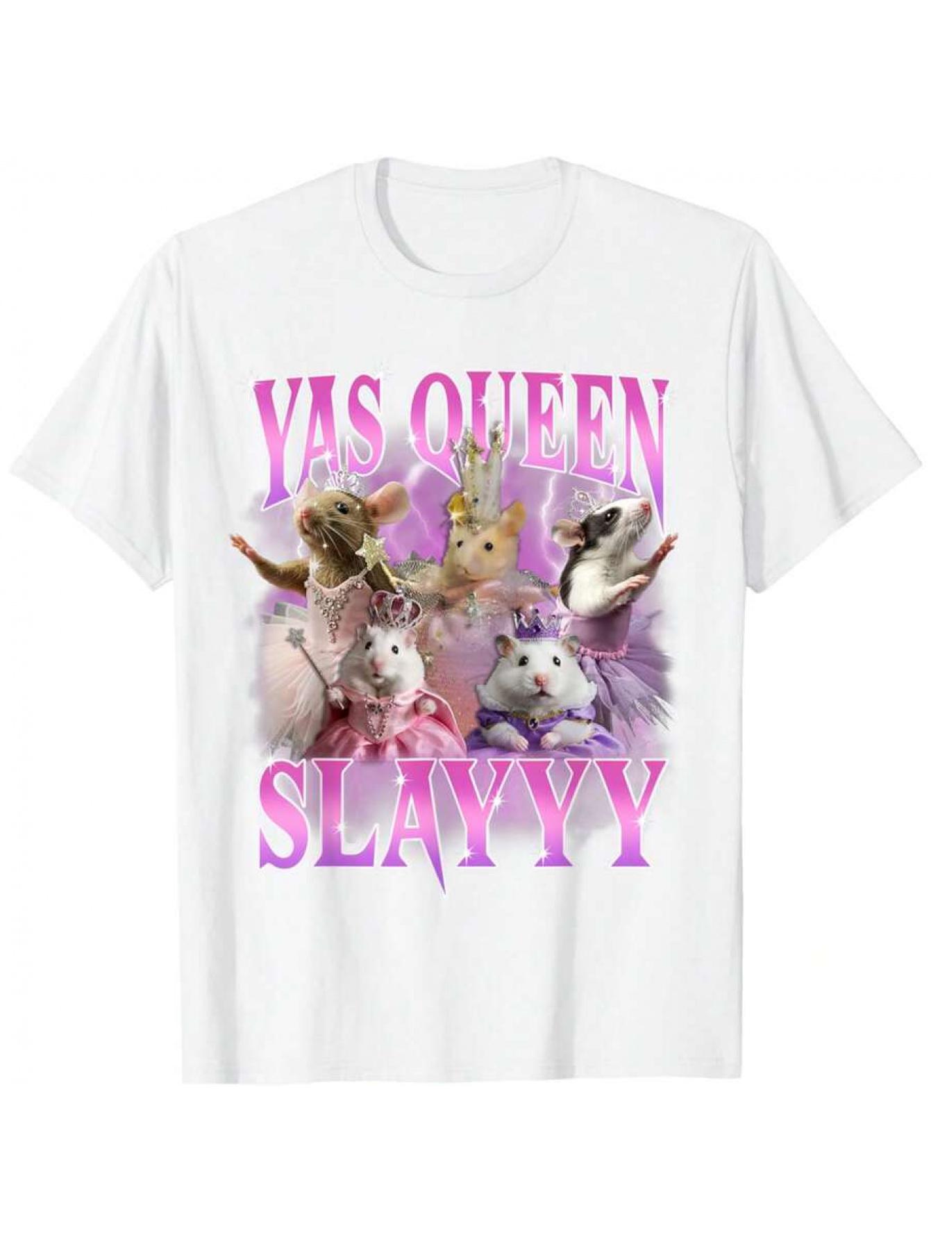 Women Girls Yas Slay Rat TShirt Cute Rat Slaying Graphic Tee with Yas Lettering Casual Summer Short Sleeve Round Neck Ov M