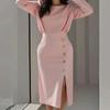 2026 Spring European & American Women's Elegant Slimming Evening Gown - Solid Color Long Dress with Slit