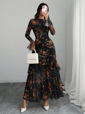 Women's Black Floral Long Sleeve Ruffle Dress – European & American Style