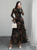 Women's Black Floral Long Sleeve Ruffle Dress – European & American Style