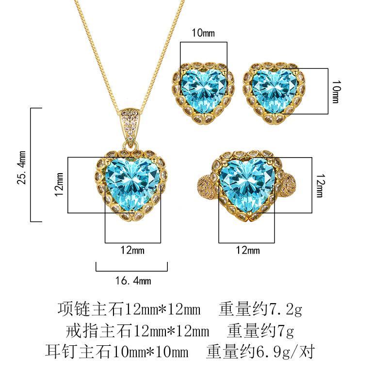 New Accessory Set Necklace Ring Earring Inlaid With Navy Blue Heart-shaped Design Women Fashionable High-end