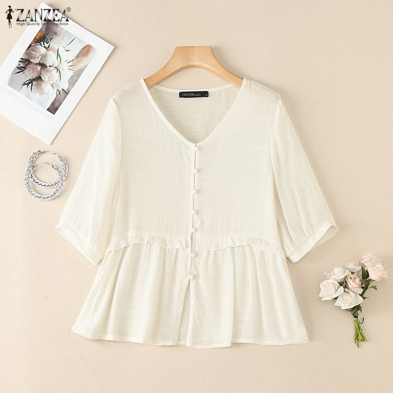 ZANZEA Women Casual V-Neck Summer Half Sleeve Blouse